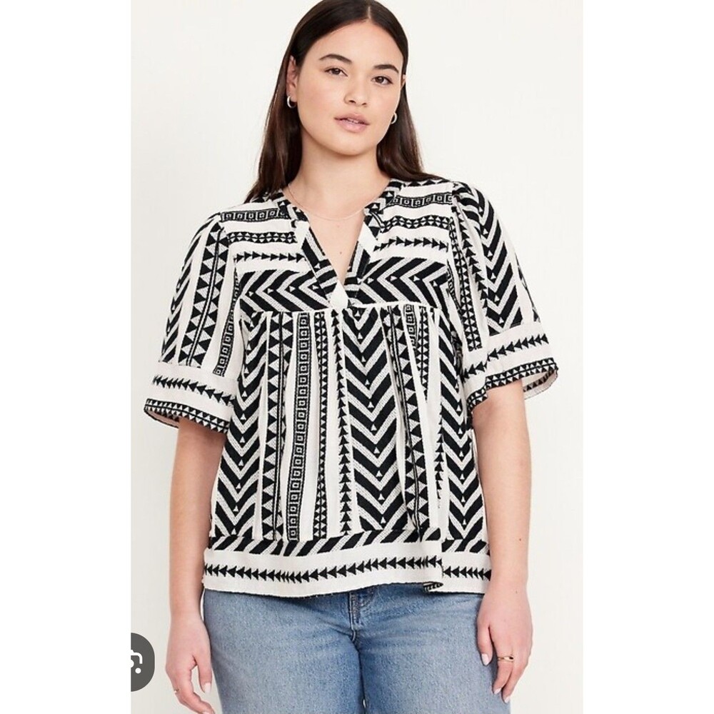 Old Navy Black Jack Puff Sleeve Peasant Blouse MED V Neck Hippie Jacquard Boho